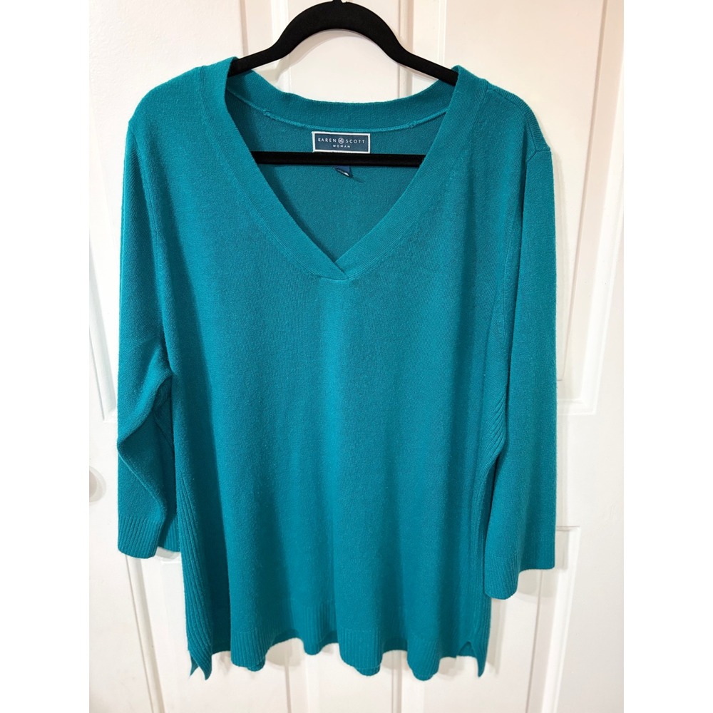 Karen Scott V-Neck 3/4 Sleeve Knit Sweater Plus Size 3X Teal